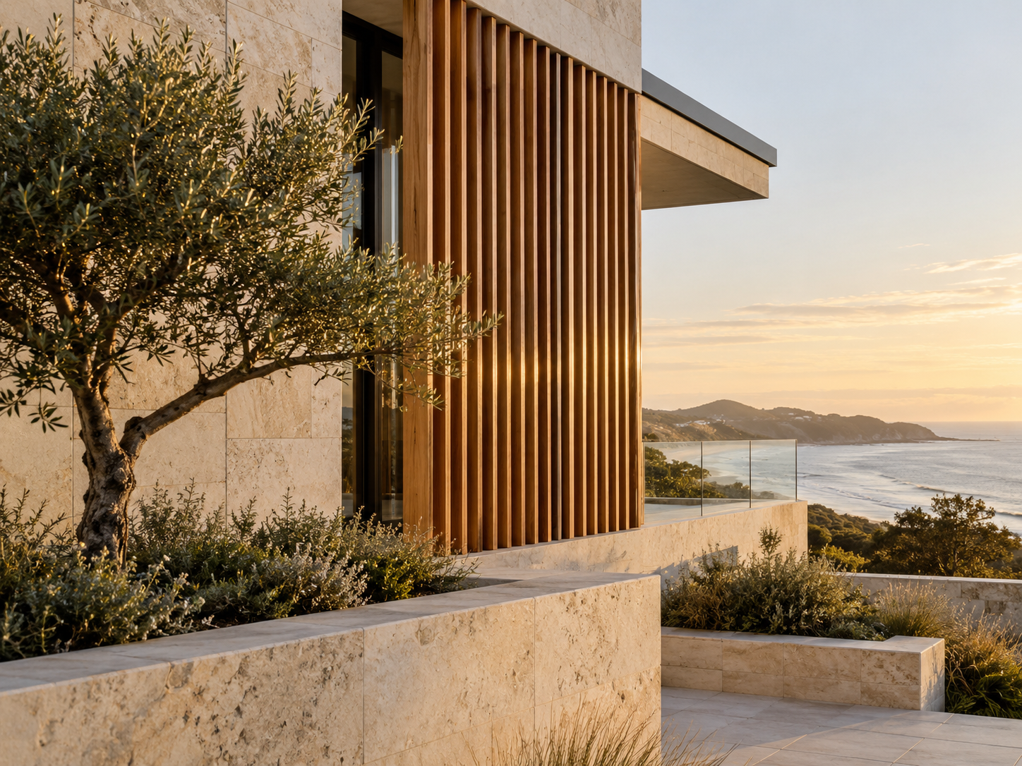 Warm stone and timber architecture beside the Australian coast